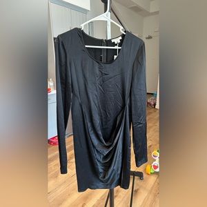 Helmut Lang Draped Front Long Sleeve Satin Dress in Black Size 4